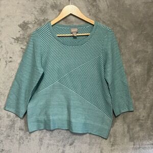 Chicos Textured Ribbed 3/4 Sleeve Sweater Green SZ 1 Medium Midweight